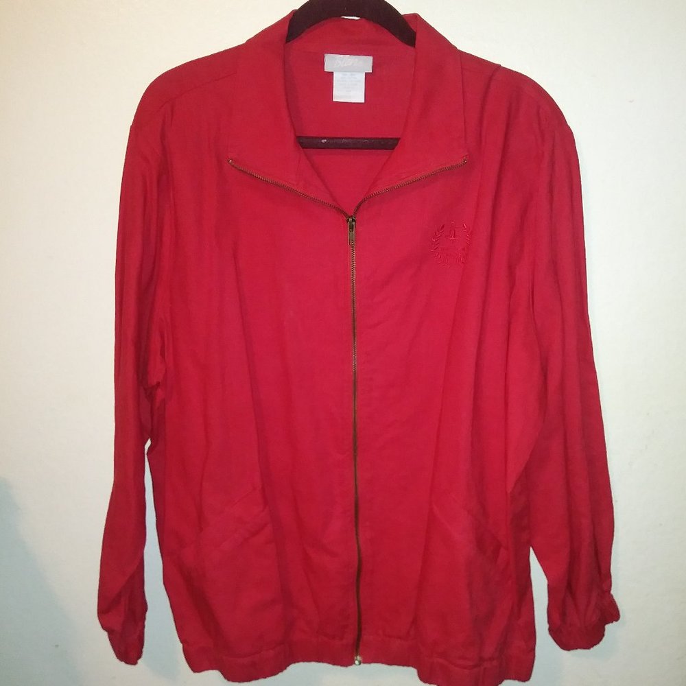 Vintage Blair Linen Blend Bright Red Zip-up Long Sleeve Jacket XLG with Crest